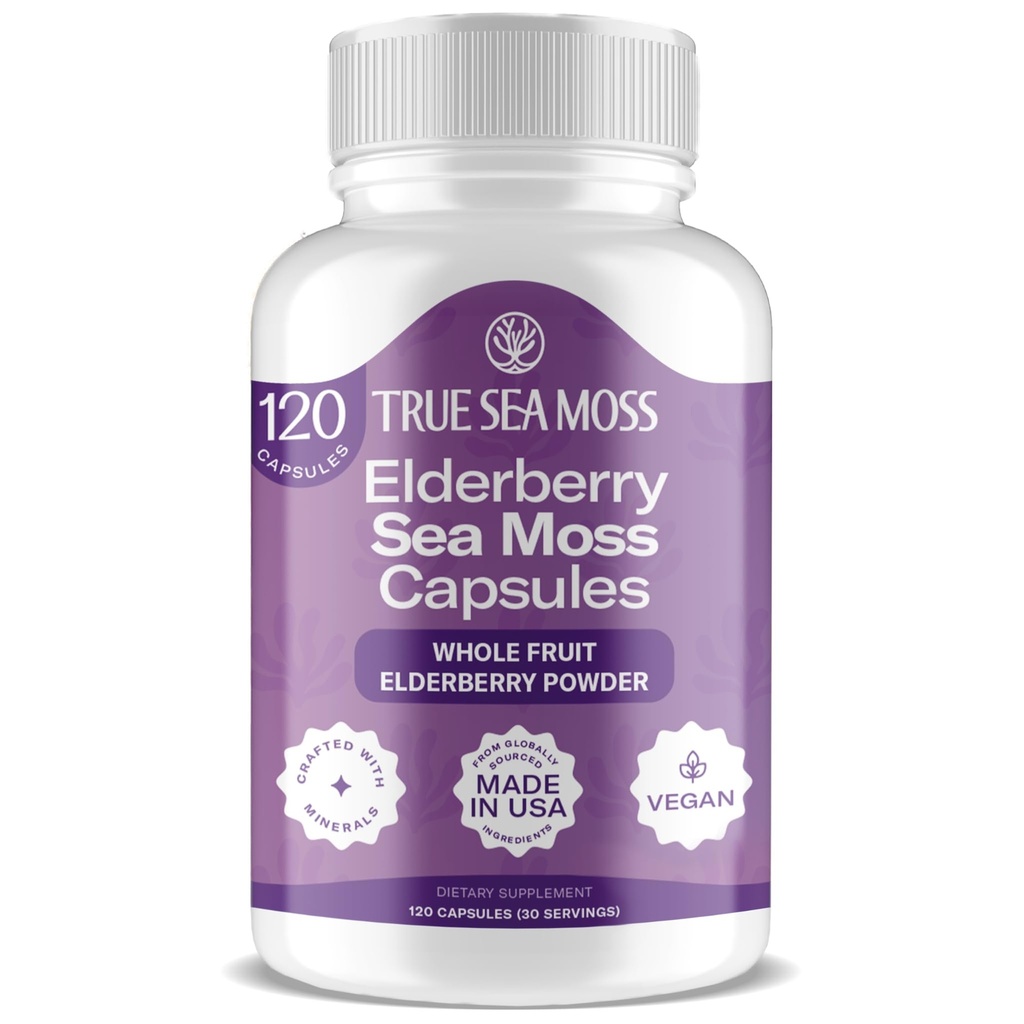 TrueSeaMoss Irish Sea Moss Cápsulas - 120 Elderberry Cápsulas (1600mg) - Superalimento Prebiótico - Boosts O sistema imunológico e digestivo - pele saudável, Keto Detox, Gut, Suporte Conjunto