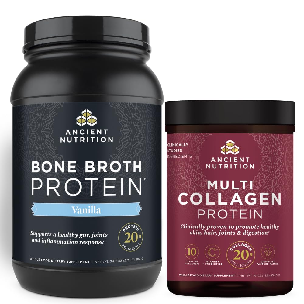 Nutrição antiga caldo de osso proteína pó, baunilha, 40 Servings + Pó de proteína de colágeno multi, sem sabor, 45 Servings