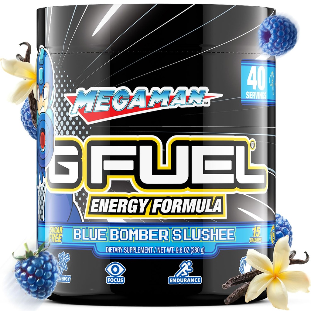 G Combustível Megaman Energia Drink Powder, Mistura de cafeína pré-treino para jogos, Açúcar Free Focus Amino, Vitamina + Antioxidantes, 9.9oz (Blue Slushee, 40 Servings)