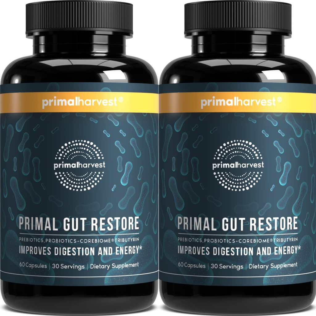 Pacote Primal Harvest 2 , Restaurar para a saúde da gut , Gut Primal Restaurar w/POSTbióticos , PREbióticos e PRObióticos para mulheres e homens , 60 CT - Digestion , Colon Cleanse , Ajuda Leaky Gut Reparar