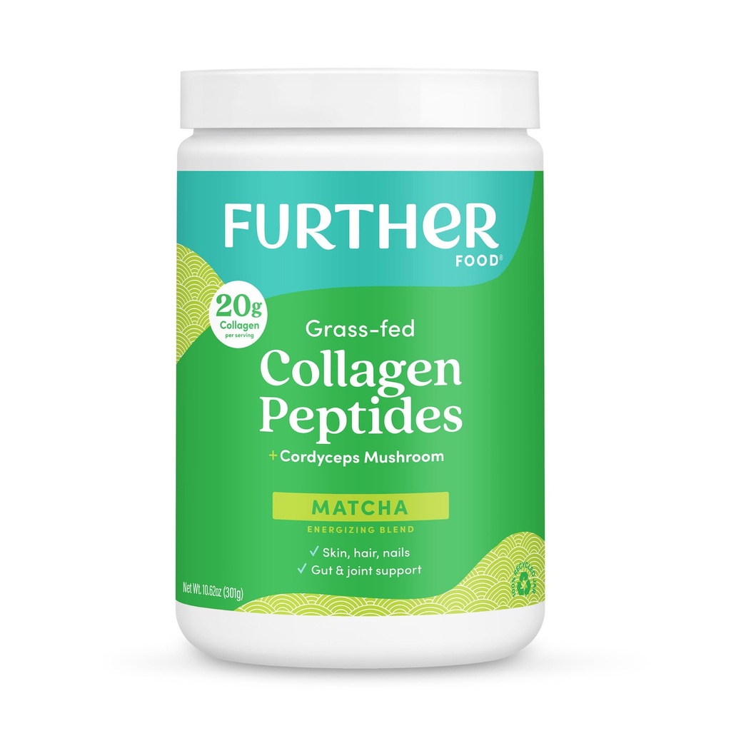 Mais alimentos Matcha Collagen Peptides Pó - Orgânico Matcha & Cordyceps para todos os dias Energia, clareza mental e imunidade & Premium para a saúde da gut, articulações, pele, cabelo e unhas 10,62 onças