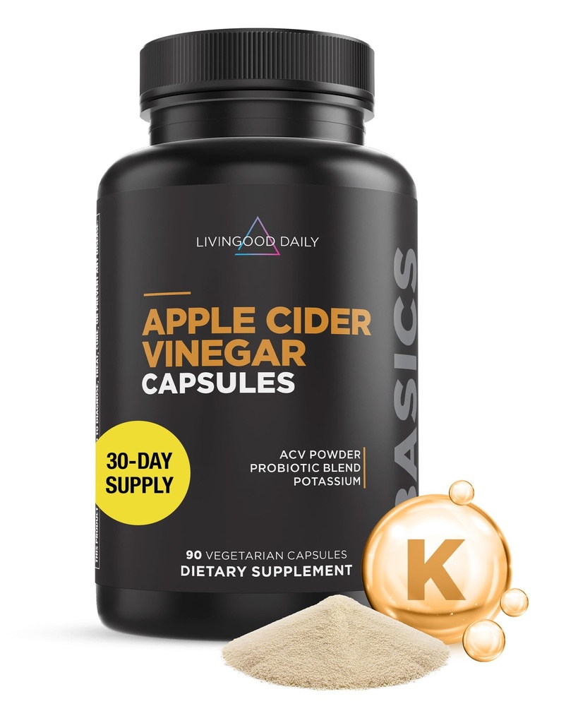 Livingood cápsulas de vinagre diário de maçã com a mãe (1500mg) - ACV Pílulas com Probióticos & Potássio para Mulheres e Homens - Suporta Gut Saúde, Digestão, Apetite & Peso - Vegan, 90 Cápsulas