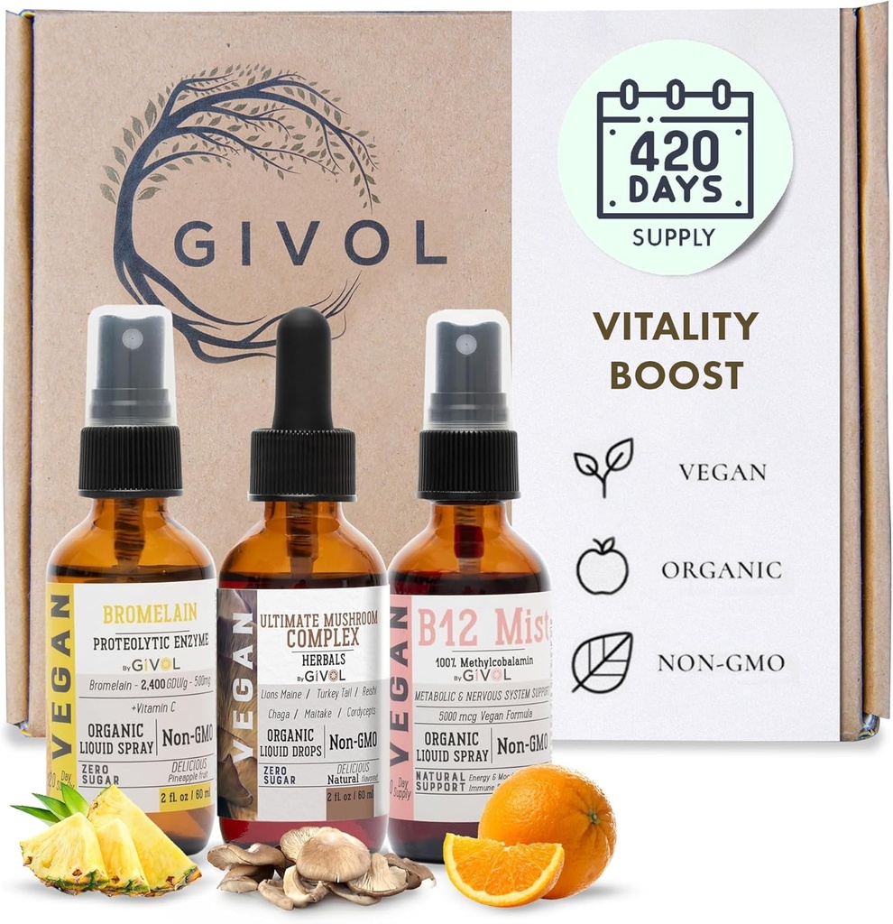 Vitality Boost Bundle Liquid Spray - Ultimate Mushroom Complex, Bromelain, B12 Metilcobalamina - Multivitamin completo - Baseada em plantas, Não-GMO, Sem glúten, Açúcar livre 2 Fl Oz (420 dias de fornecimento)