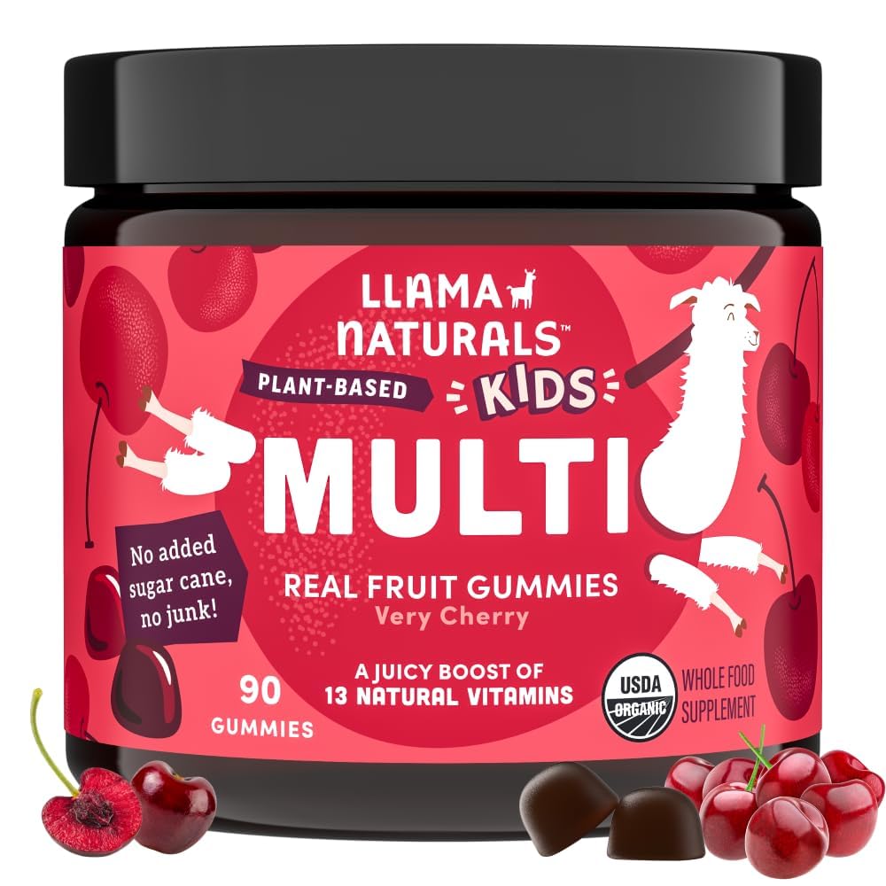 Llama Naturals Kids Multivitamin Gummies, Vegan, Orgânico com vitamina D, C & K, Toddler verdadeira frutas vitaminas Gummy, Suplemento mastigável, Multivitamin de alimentos inteiros, Não adicionado cana de açúcar, Cereja, 90 Ct
