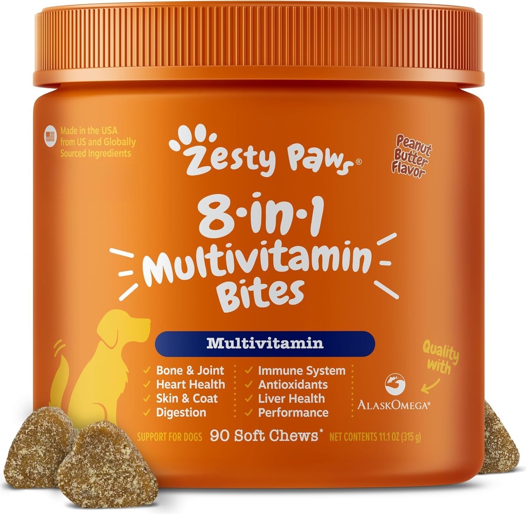 Zesty Paws Multivitamin Doces para Cães, Glucosamina Condroitin Apoio Conjunto + Enzimas Digestivas & Probióticos, Vitaminas e Suplementos para Cães sem Grãos para Pele & Revestimento, Manteiga de Amendoim - 90ct