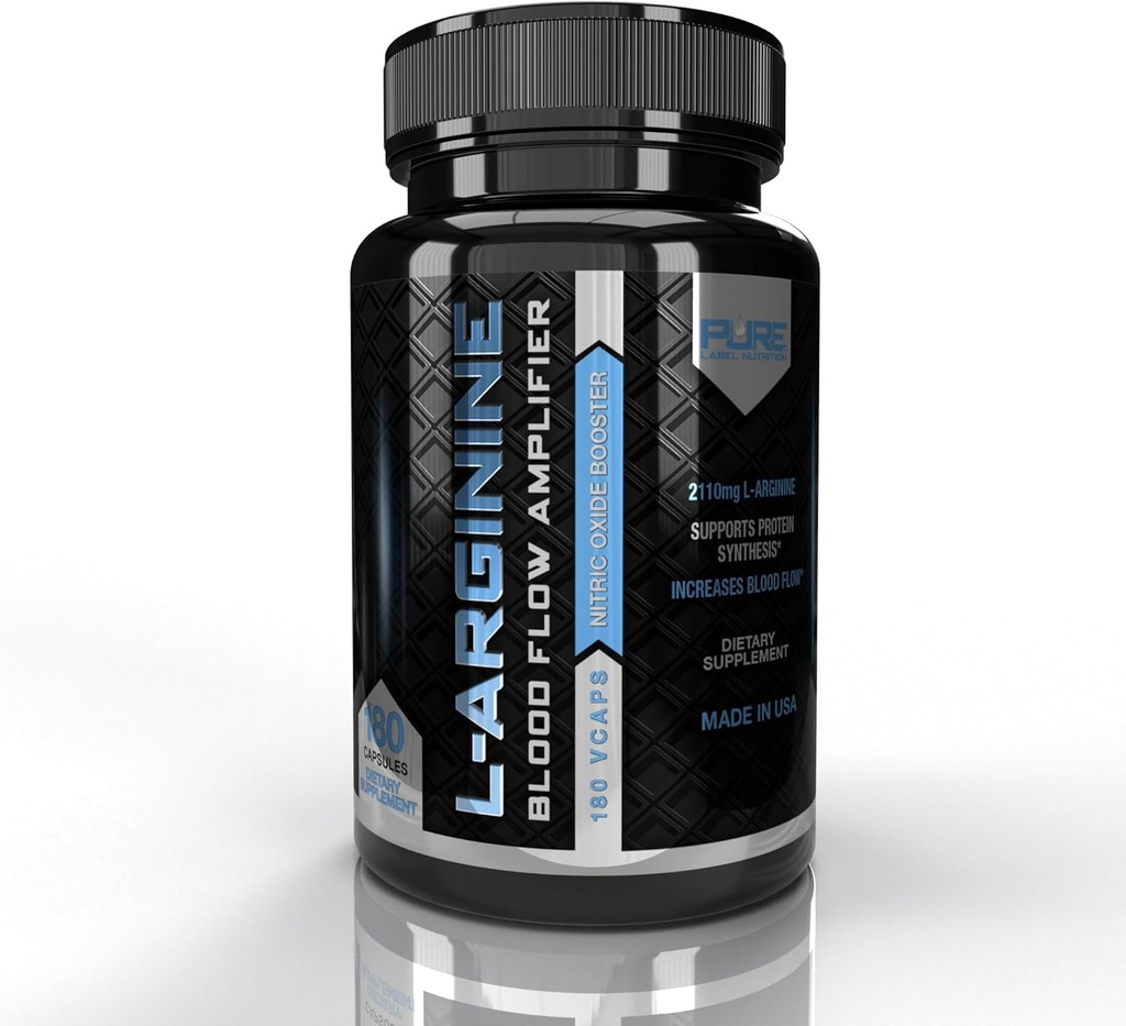 Pure Label Nutrition L Cápsulas de Arginina, Impulsionador de Óxido Nítrico, Suplemento de Ácido Amino para Homens e Mulheres, Ajuda a Construir Músculo & Força e Aumentar Energia, Suporte de Fluxo de Sangue - 180 caps