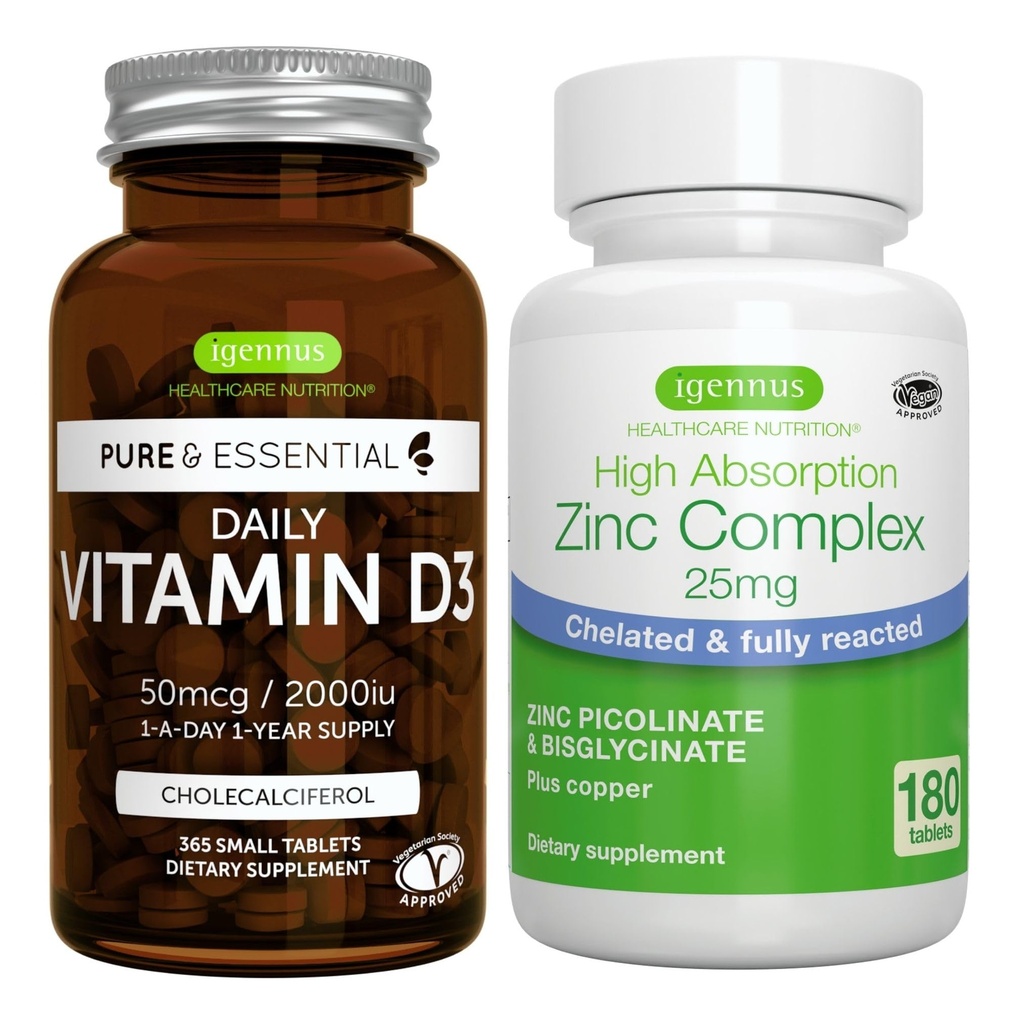 Complexo de Vitamina D3 + Zinco Conjunto Vegetariano, 365 2000iu Comprimidos de Vitamina D3 + 25mg Picolinato de Zinco Quelado e Bisglicinato com Cobre, por Igennus