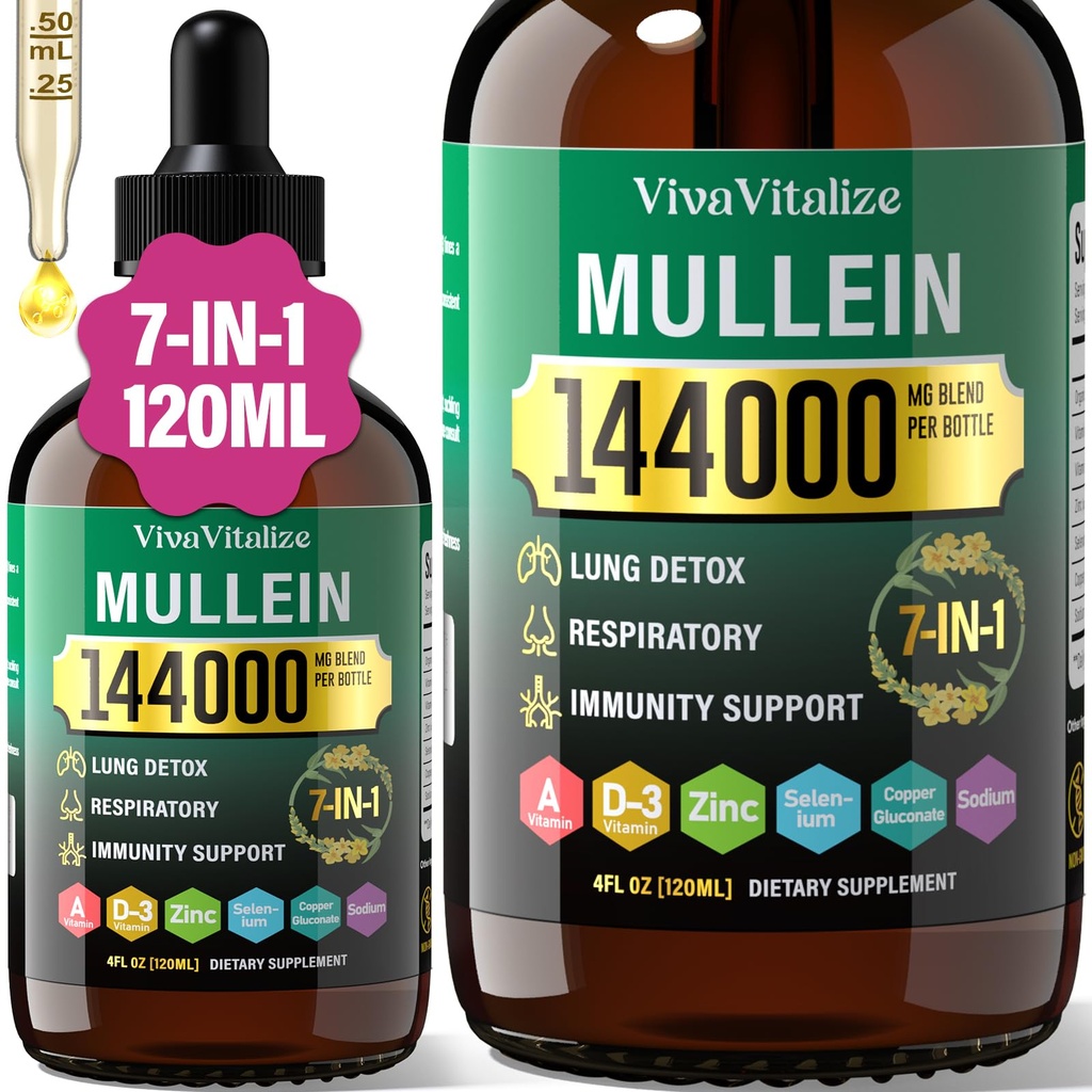 Mullein Drops para pulmões, 144000mg Mullein Leaf Extract para pulmões Limpar e função respiratória Imune respiração saudável, Sistema digestivo, Suplemento de ervas naturais Açúcar & fornecimento de álcool, 120-dia