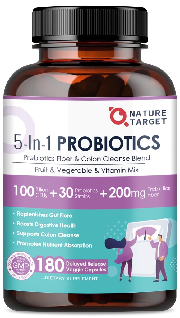 NATUREZA TARGET Probióticos para a Saúde Digestiva Mulher-Homens, Mens-Mulheres Probiótico com Prebióticos, 100 bilhões de UFCs para Gut e Imune Health, 180 Cápsulas Veggie (90 Dias de Abastecimento)
