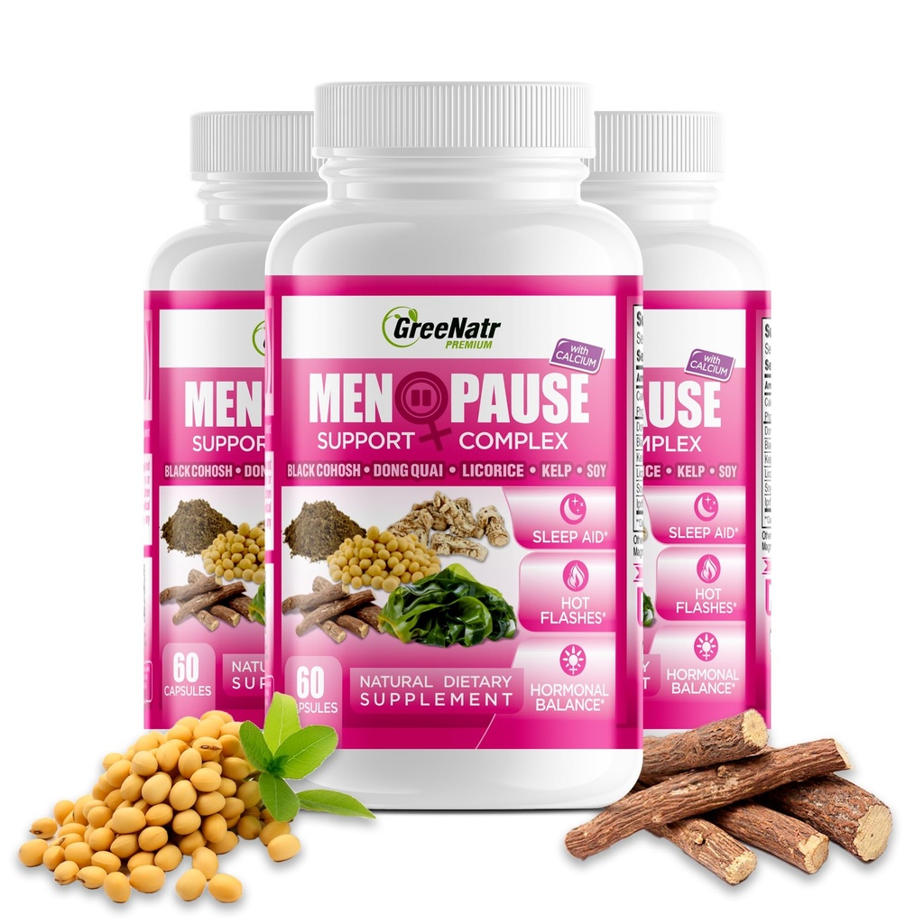 GreeNatr menopausause Supplements for Women - Perimenopausause Supplements Women with Dong Quai & Black Cohosh for Menopause Hot Flashes - Suporte para qualidade do sono e equilíbrio hormonal - 3 Garrafas