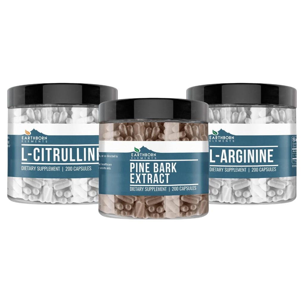 Elementos nascidos da Terra Pine Bark, L-Arginina, & L-Citrulina Cápsula Bundle, 200 Cápsulas Cada, Puro e não diluído, Sem aditivos