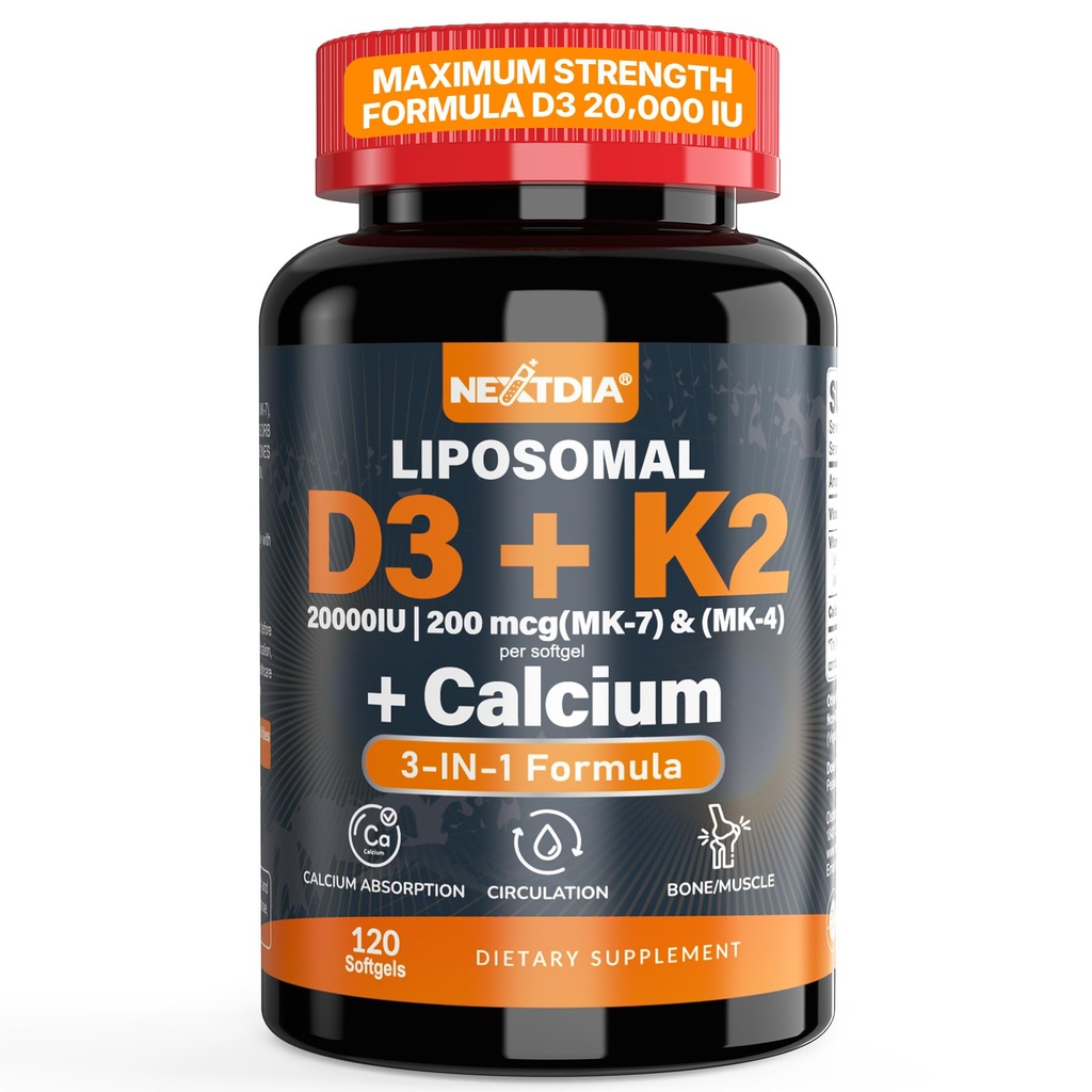 Vitamina D3 20.000 UI + Vitamina K2 (MK7 )200mcg - Optimal Vitamina D3 & K2 Softgel - Ossos e músculos fortes, Absorção de cálcio e suporte imunológico, Ajudando deficiências de vitamina D, Fácil de engolir, Não OGM