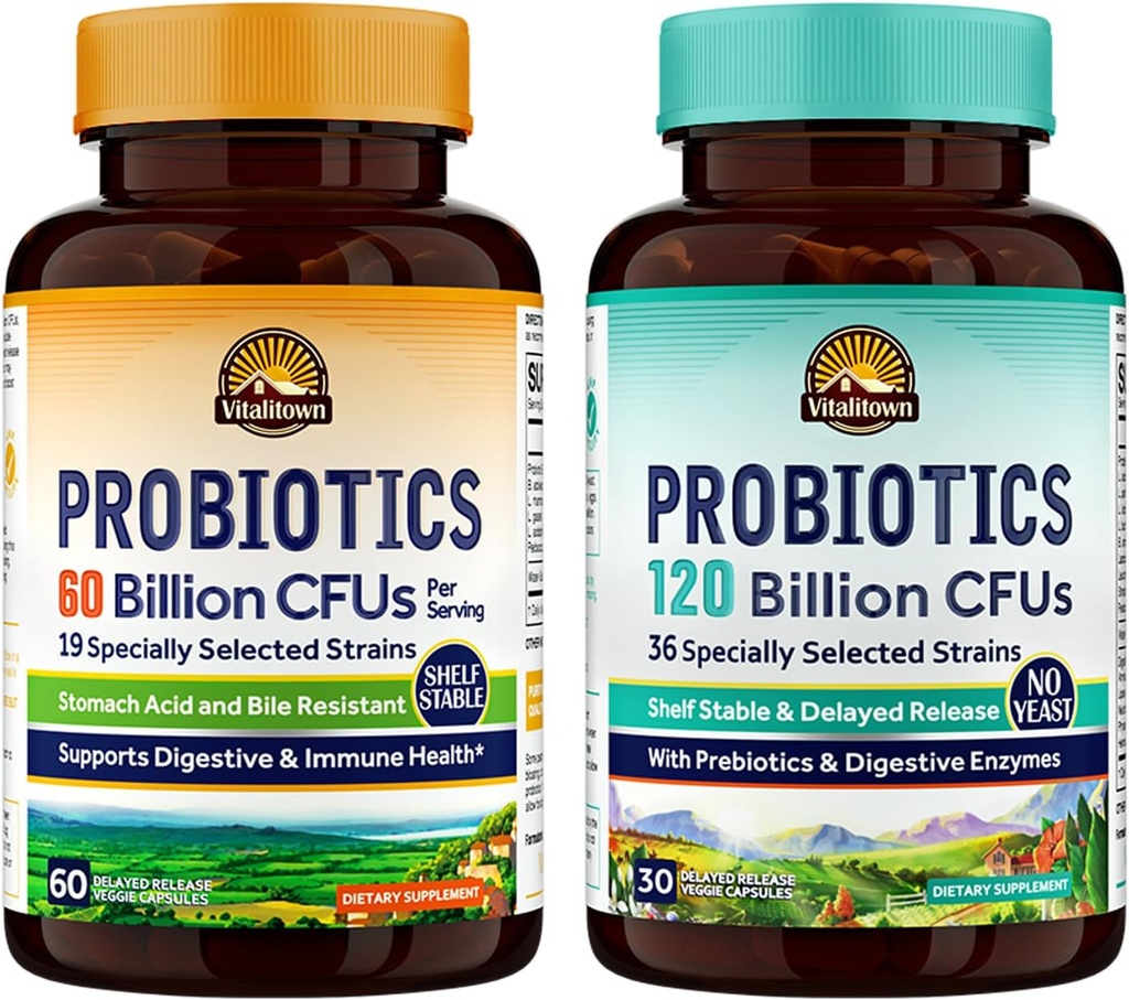Vitalitown Pacote Probiótico (Pacote de 2) Probióticos 60 bilhões de UFCs (Item 1) & Probióticos 120 bilhões de UFCs (Item 2)