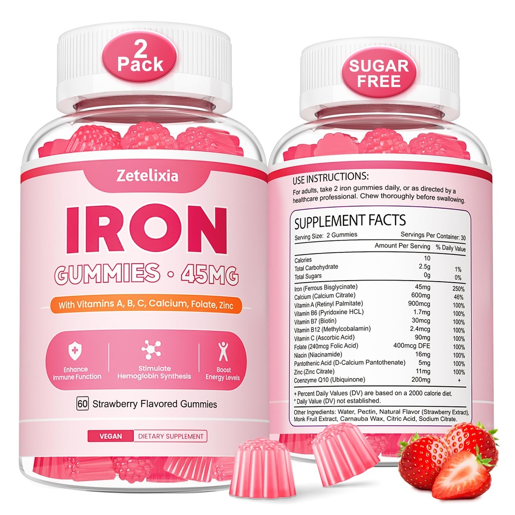 Vegan 2 Pacote de pastilhas de ferro Suplemento para mulheres e homens, Anemia, Construtor de sangue e suporte energético para deficiência de ferro, com vitamina C, A, Complexo B, Folato, CoQ10, Livre de açúcar, Não-GMO, 120 contagem