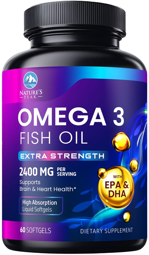 Omega 3 Fish Oil 2400 mg Suplemento, Sustentável Fonte, Tripla Força Omega-3 Suplemento Softgels, Apoio à Saúde do Cérebro, EPA & DHA Peixe Óleo Gordura Ácidos Suplementos, Gluten & GMO Livre, 60 Softgels