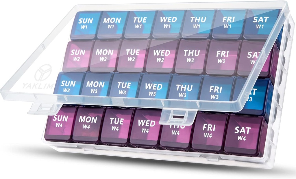 XL Monthly Pill Organizer 1 vez por dia, 4 Compartimentos de caso de pílulas semanais, Yaklim Weekly Vitamina Organizer Extra Grande, Recipiente de Medicina para Guardião Diário de comprimidos