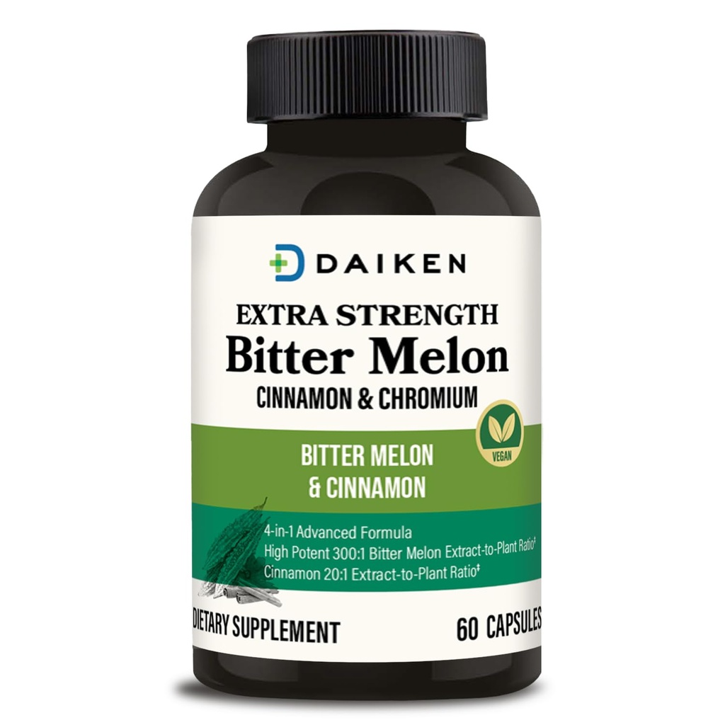DAIKEN Melon amargo, canela e crómio, 90,000 mg Equivalente Por dosagem extra, 100% Cápsulas de melão amargo vegetariano com cromo e zinco de canela, 60 Cápsulas