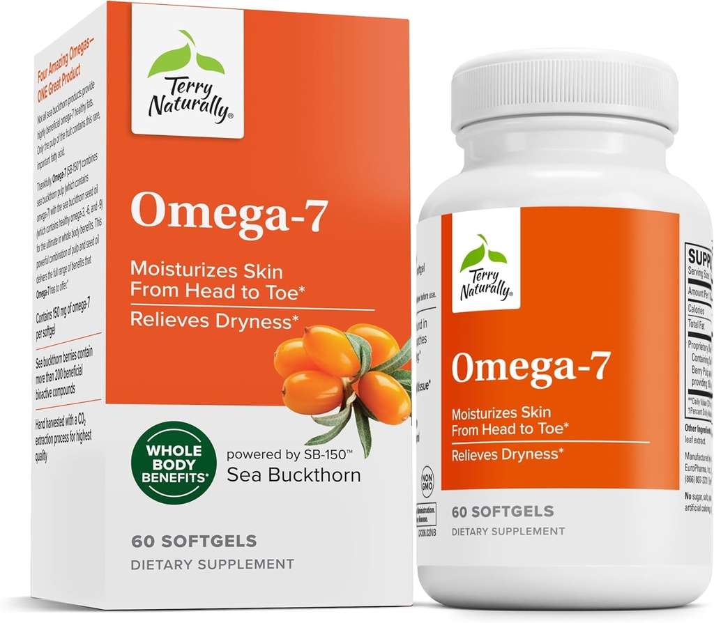 Terry Naturalmente Omega-7 - Suplemento dietético com ácidos gordos essenciais - Suplemento nutricional para apoiar a saúde da pele com Sea Buckthorn, Berry Pulp & Seed Oil - 60 Softgels (Pack of 2)