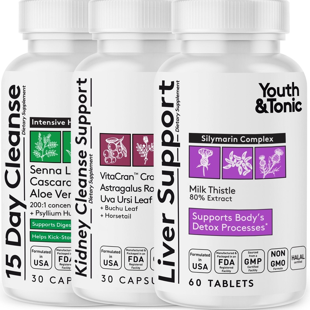 Juventude & Tônico 3X Corpo Limpar e Detox pílulas para mulheres e homens com fígado, rim, Colon Suplementos para apoiar funções saudáveis e para perda de impurezas não desejadas e resíduos metabólicos. 120 Cápsulas