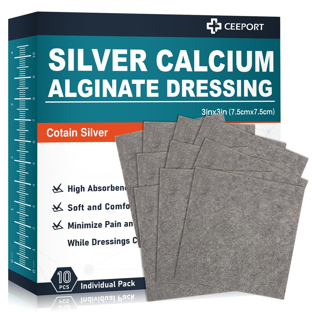 Ag Silver Alginate Alginate Wound Dressing Pads 3'' x 3'' (Pacote de 10), Macio Altamente Absorvente Silver Wound Dressing, Não-Adesivo Dressing for Wound Care, Pads de remoção indolor para feridas
