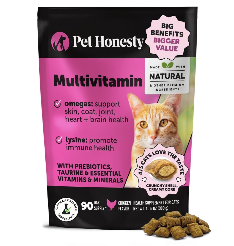 Mastigações de multivitamina de gato - Gatos para a Saúde + Imune, Apoio Conjunto, Pele & Revestimento, e Digestão - Omega 3s, Lisina & Probióticos para Gatos, Vitaminas para Gatos - Frango (fornecimento de 90 dias)