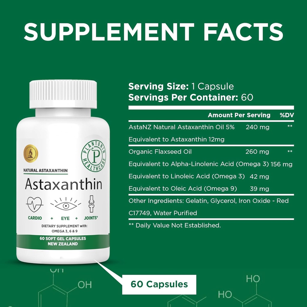 Nova Zelândia - Astaxantina 12mg da Microalgae Haematococcus Pluvialis - 60 Geles Macios - GMO & Gluten Free - Antioxidante - Suporta Mobilidade Conjunta e Recuperação Pós Exercício, Pele e Saúde dos Olhos