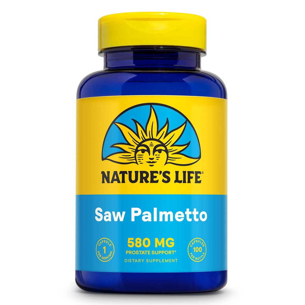 Vida da natureza Serra Palmetto para homens 580mg - Suplemento tradicional da próstata - Saúde do Homem, Próstata e Trato Urinário Suporte w/Beta Sitosterol Planta Esterols, 60-Dia Garantia, 100 Serv, 100 Cápsulas