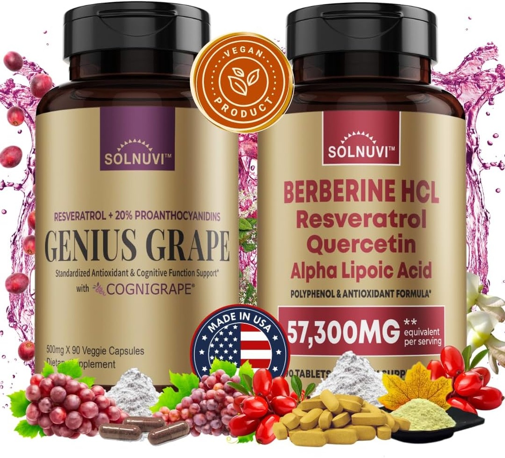 Pacote de Defesa Neuro: Berberine & Resveratrol Complexo - Clinicamente testado Cognigrape, Quercetina, Ácido Alfa Lipóico - Saúde do Cérebro & Apoio Antioxidante - Não-GMO, Sem glúten, Vegan Suplemento