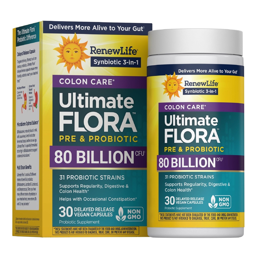 Renew Vida Probiótico Colon Care Probiótico Cápsulas, Suplemento diário oferece Colon Support, L. Rhamnosus GG, Dairy, Soja e sem glúten, 80 bilhões UFC, 30 contagem