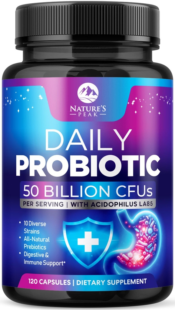 Probióticos 60 bilhões UFC - 10 Strains + Enzimas Digestivas & Prebióticos - Melhor Probiótico para Mulheres e Homens, Suporta Imune, Gut Health, Obstipação Ocasional, Diarreia, Gás e Bloating - 120 Cápsulas