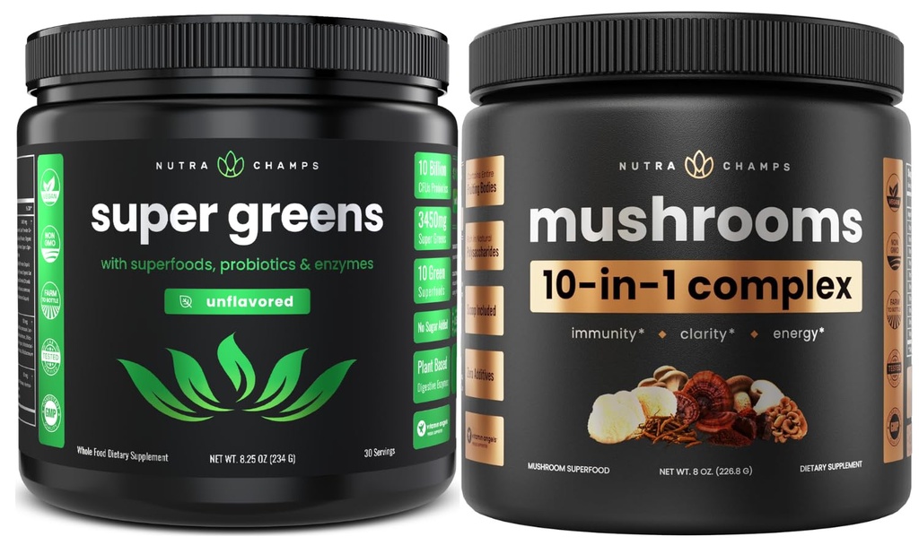 NutraChamps Super Verdes Sem sabor & Super Cogumelos: Ultimate Brain, Gut & Body Boost
