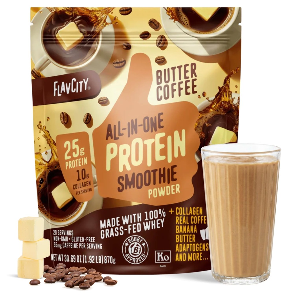 FlavCity Grass Fed Whey Protein Powder - Butter Coffee - 25g Protein, 10g Colágeno e 87mg Cafeína - Made with Organic Reishi & Cordyceps - Gluten Free & No Added Sugars (20 Servings)