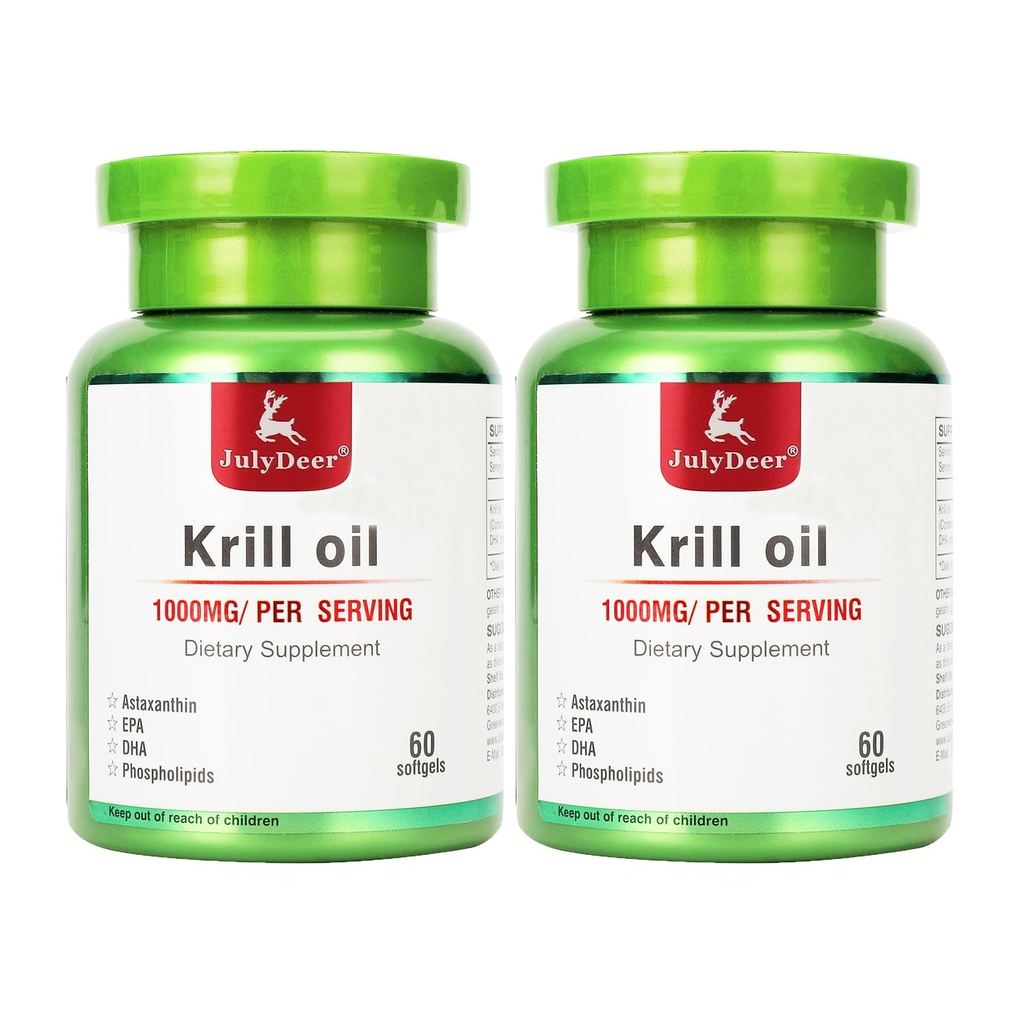 2 Garrafas Antárctico Krill Oil 1000 mg com Omega-3s EPA, DHA, Astaxantina e Phospholipids 60 Softgels Supplement No Fishy Aftertaste for Joint, Heart, Brain and Immunity - 120 Softgels