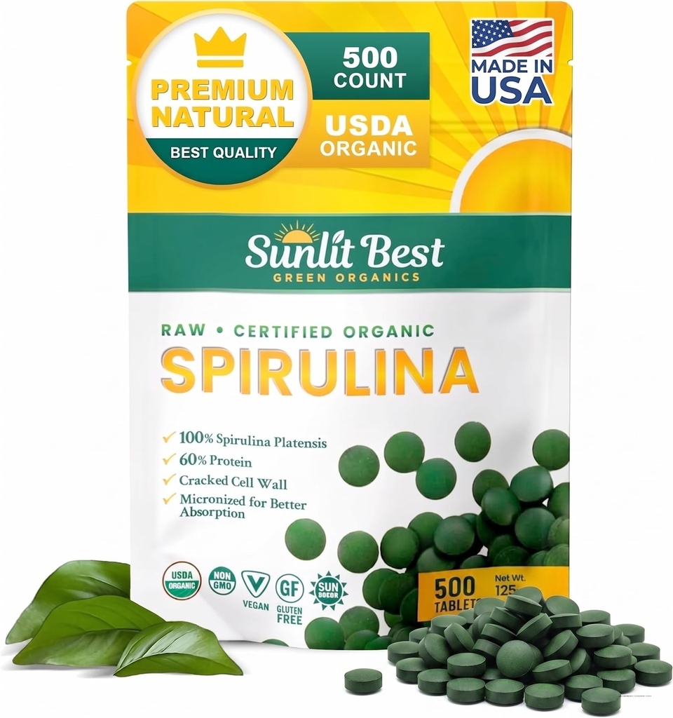 Sunlit Best Spirulina Tablets - Comprimidos de espirulina orgânica USDA Premium 500 Count - espirulinas naturais Burst Orgânico para o crescimento muscular de apoio imunológico, Energia Boost w/Chlorophyll - alta proteína, não OGM