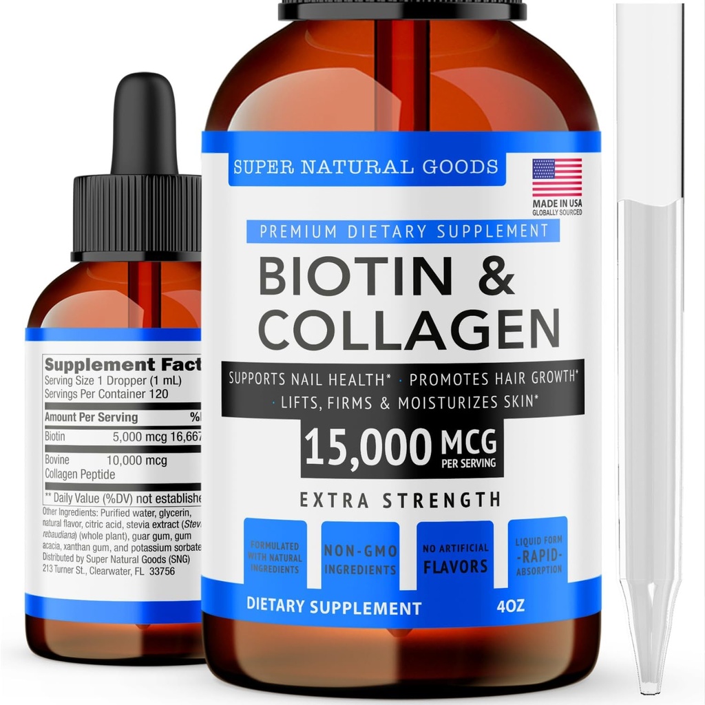 Vitaminas Super Natural Goods Biotin & Colágeno - Perda de cabelo, Gut Health, Antienvelhecimento, Cuidados com a pele & unhas - Feito nos EUA, Não-GMO & Cruelty Free (4 Ounce- 15.000mcg)