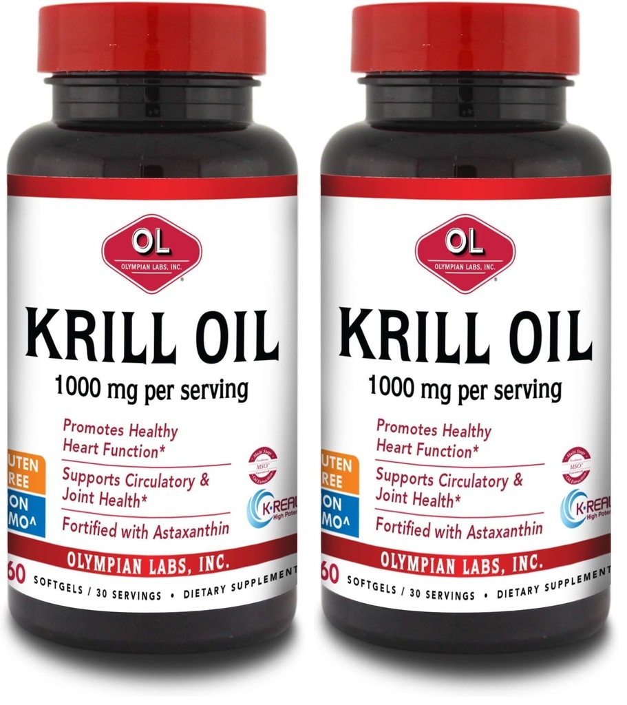 Laboratório Olympia Antártico Krill Oil, 1000mg Caps com Astaxantina, Omega-3, EPA, DHA, Imune, Joint & Brain Support, 60 Softgels (Pacote de 2)