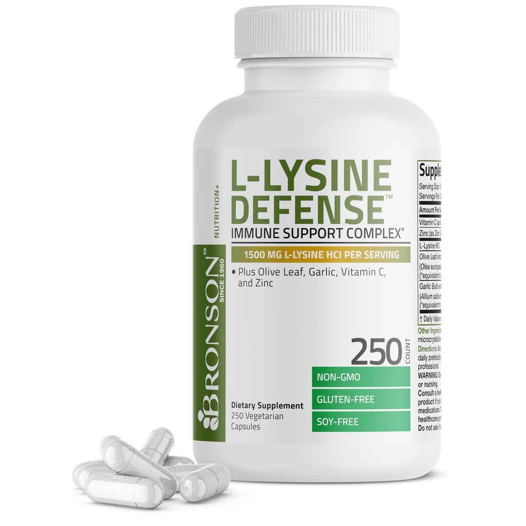 Bronson L-Lysine Defense Imune Support Complex 1500 MG L-Lysine Plus Folha de Oliva, Alho, Vitamina C e Zinco - Não-GMO, 250 Cápsulas Vegetarianas