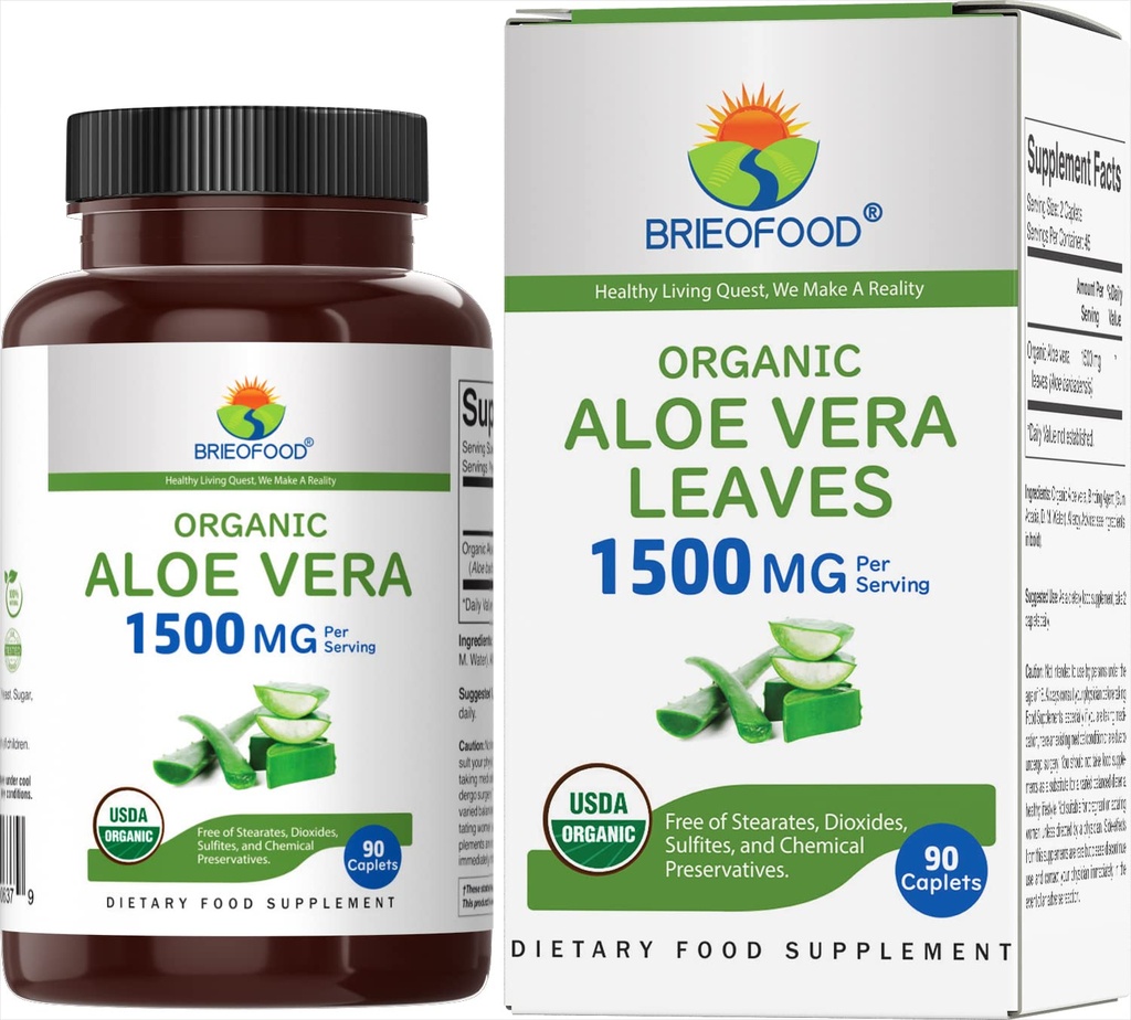 Brieofood Organic Aloe Vera 1500mg, 45 Servings, Vegetarian, Gluten Free, 90 Comprimidos Vegetarianos
