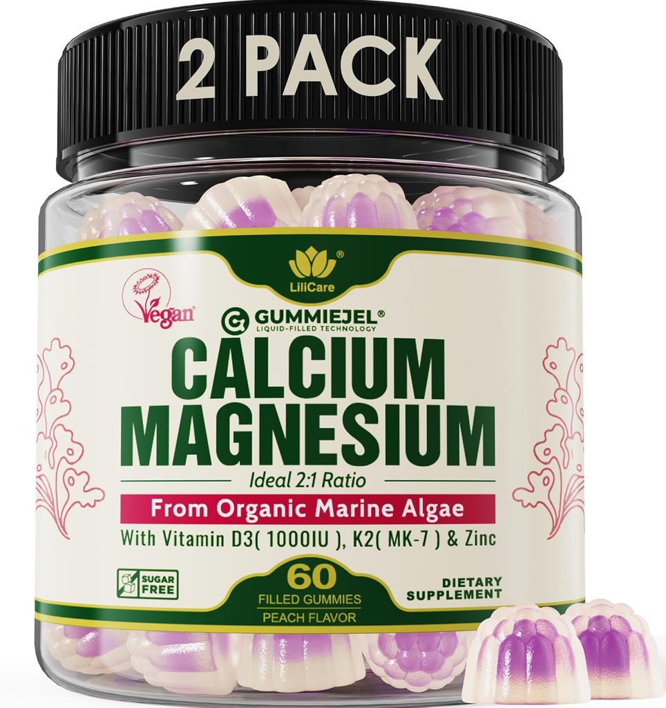 2 Pacote - Pastilhas de cálcio à base de plantas 600mg com vitamina D3 K2, Magnésio, Zinco para a força óssea, Suplementos de cálcio gratuitos de açúcar para mulheres e homens (certificado Vegan) de algas vermelhas sustentávelmente orgânicas