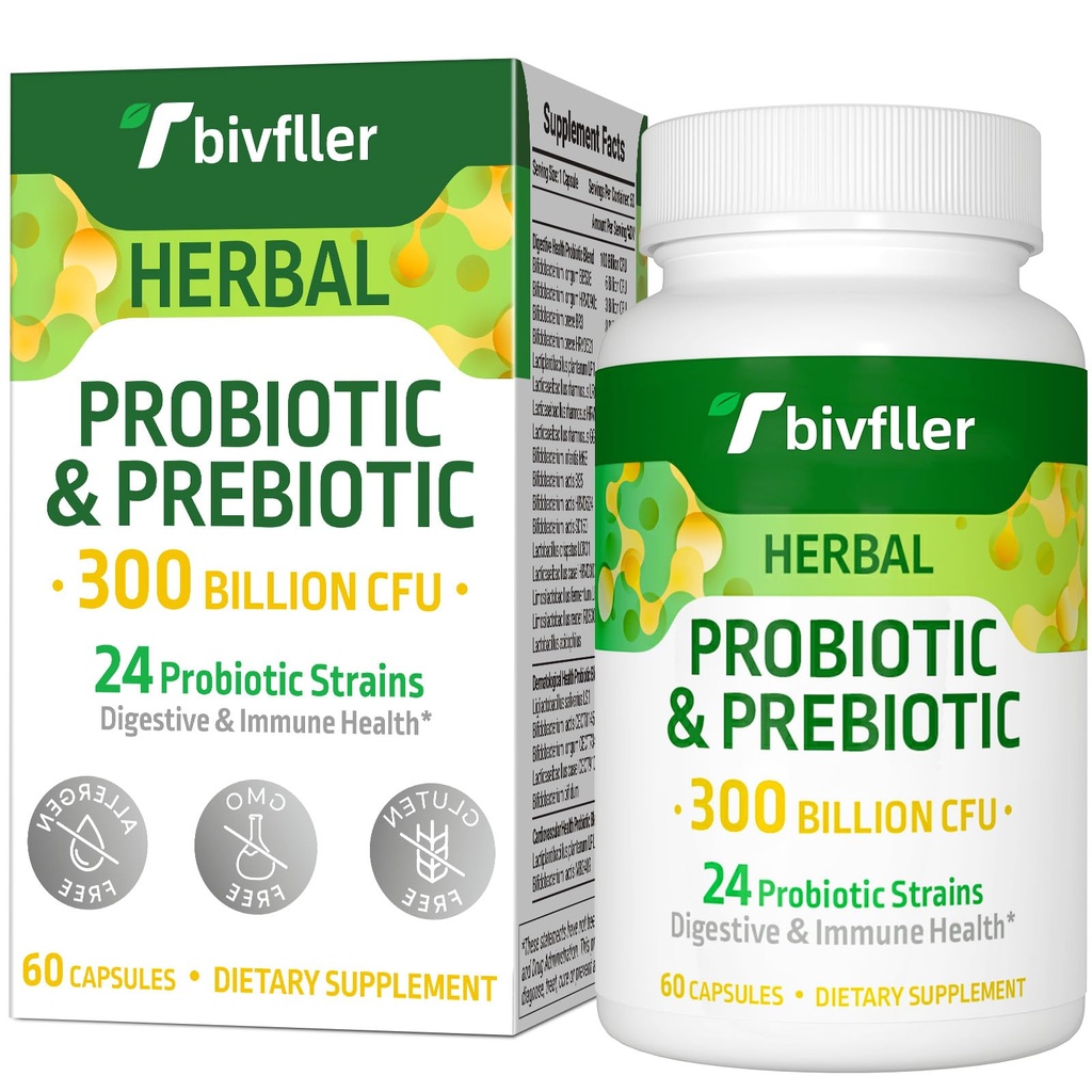Probióticos para mulheres homens- 300 bilhões UFC, 24 estirpes Probiótico+15 Ervas orgânicas Prebióticos Mistura, Pré e Probióticos, para Saúde Digestiva, Imune & Gut, Diarréia, Bloating, Vegan, 2 Mês de Fornecimento
