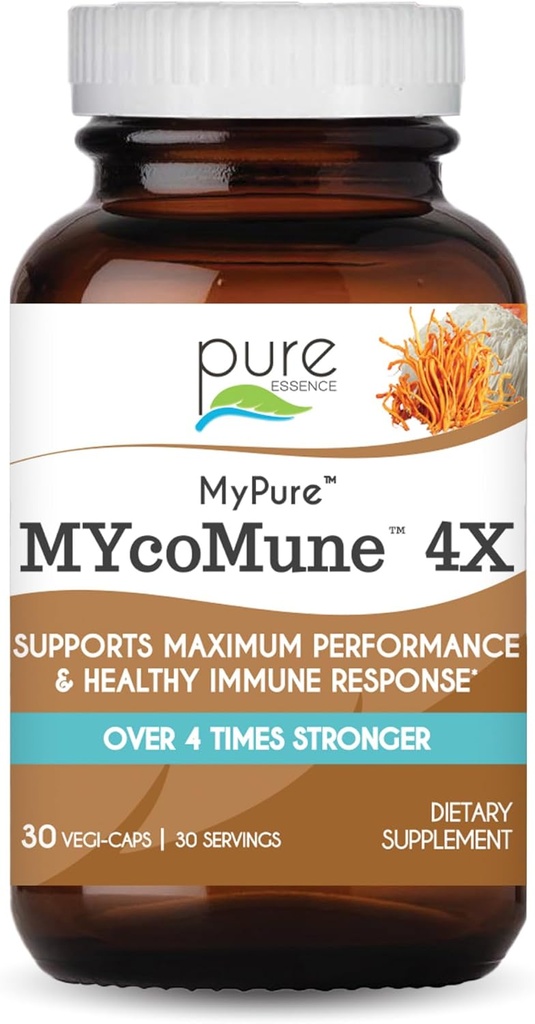 MycoMune 4X Organic Mushroom Supplement - Reishi, Leon's Mane, Cordyceps, Chaga, Shiitake, Maitake para sistema imunológico, Estresse de Combate, Construir Energia por Puro Essence - 30 Caps