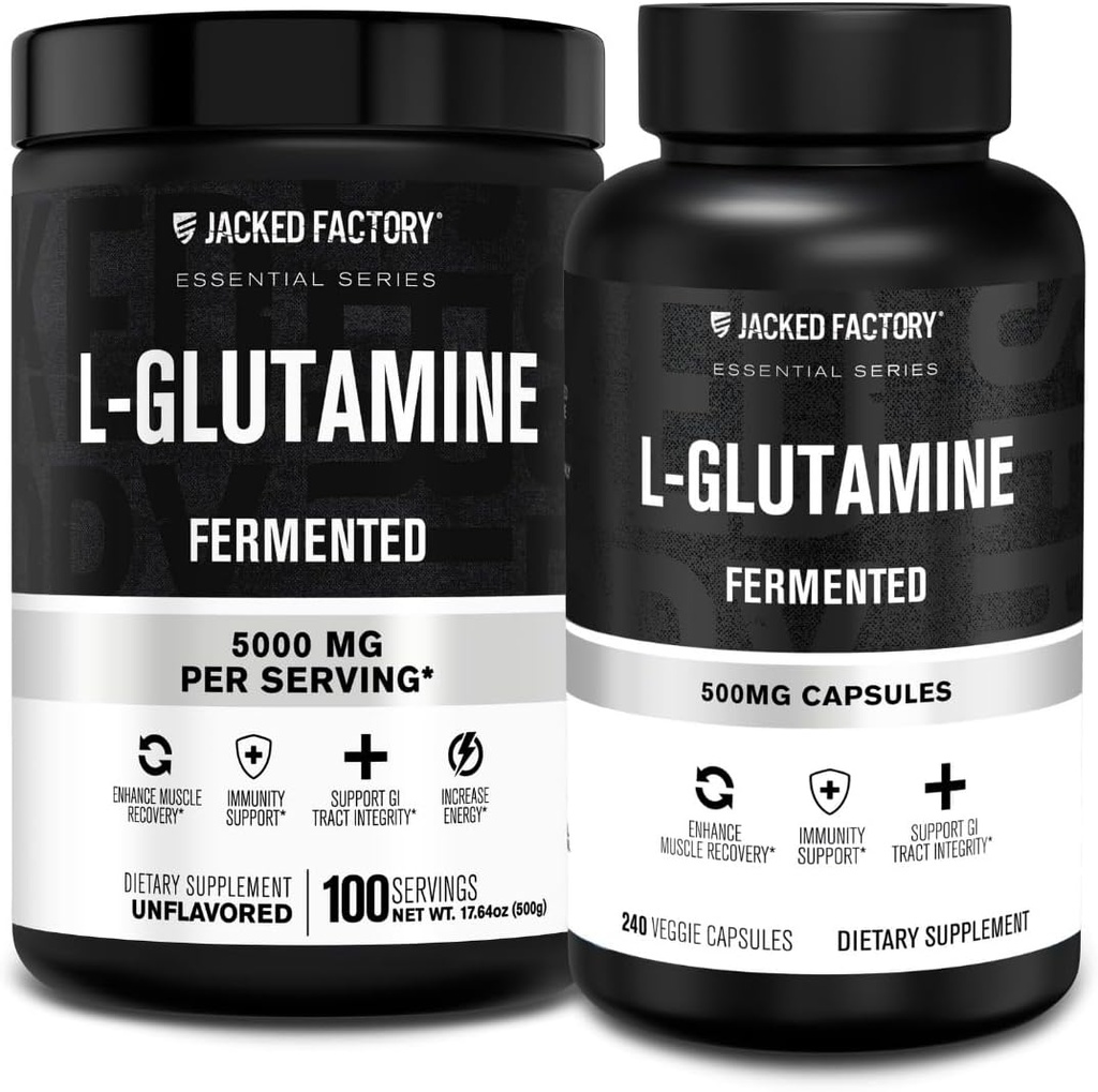 Jacked Factory L-Glutamina pó 100 Servings & L-Glutamina Cápsulas 500mg (240 Cápsulas) para Recuperação muscular pós-treino, Imunidade, Saúde Digestiva