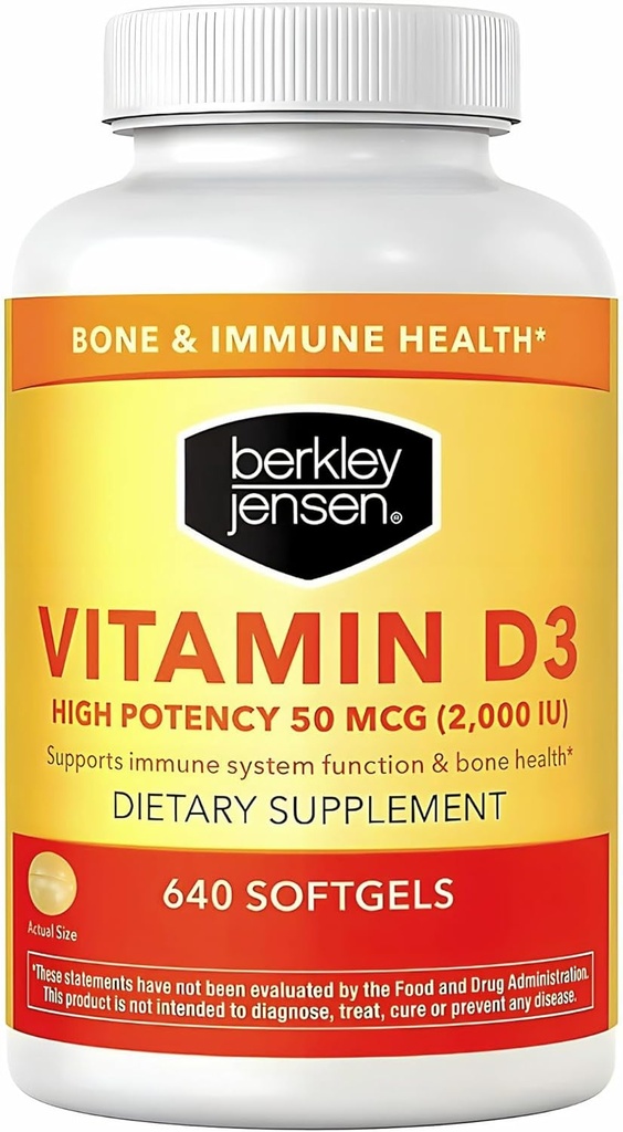 Berkley Jensen Vitamina D3 2000UI de alta potência (50 mcg) (640 Softgels), Suplemento dietético para dentes, músculo, função imune e saúde óssea, para homens e mulheres, fabricados nos EUA, 640 dia de fornecimento