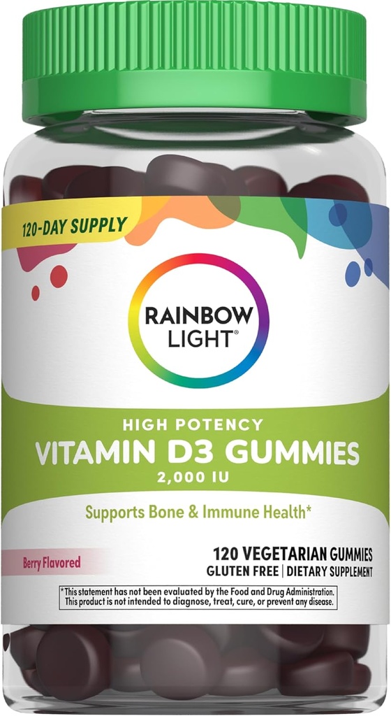 Rainbow Light Vitamina D Gummies, Vitamina D3 de alta potência 2.000IU Apoio à saúde imune, Ajuda a apoiar ossos fortes e dentes, Glúten livre, Vegan, Berry, 120 chicletes