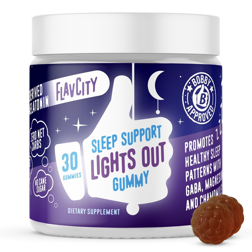 FlavCity Melatonin Pastilhas de dormir para adultos, Lights Out Gummy - Chewable Sleep Support Supplement with Plant-Based GABA, Magnésio & Camomila for Deep & Restful Bedtime, 30-Day Supply