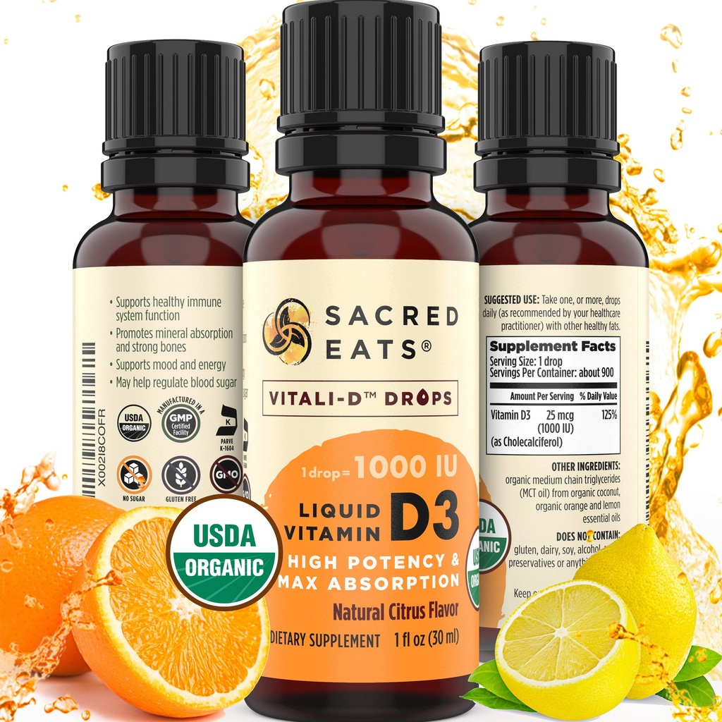 Vitamina D líquido orgânico gotas para crianças e adultos, livre de açúcar. Fácil de usar 1.000 UI / Drop em óleo de coco MCT. Dura meses, melhor para altas doses. Max Absorção VIT D3 Suplemento. Bom gosto (Citrus)
