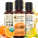 Vitamina D líquido orgânico gotas para crianças e adultos, livre de açúcar. Fácil de usar 1.000 UI / Drop em óleo de coco MCT. Dura meses, melhor para altas doses. Max Absorção VIT D3 Suplemento. Bom gosto (Citrus)