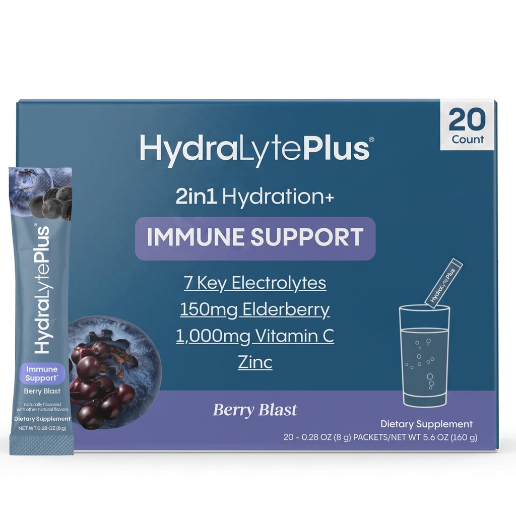 Eletrólitos Hidratados Mais Imunidade, Elderberry - Baixo Açúcar Reidratação Rápida Pó - Levemente Espumante Eletrolítico Em pó Pacotes com 1000mg de Vitamina C e 300 mg de Elderberry (8oz Serve, 20 Count)