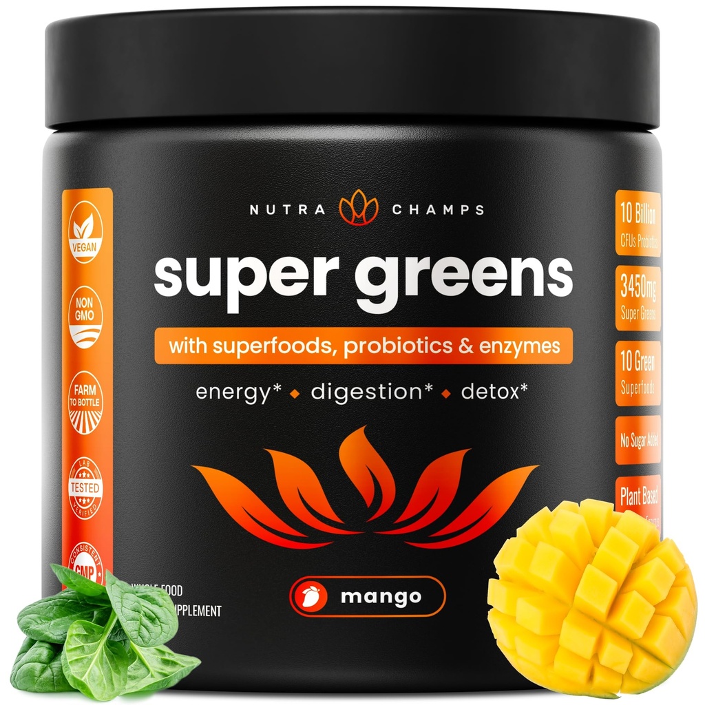 NutraChamps Super Greens Powder Premium Superalimento □ 20+ Vegetais Verdes Orgânicos Alimentos inteiros □ Erva de trigo, espirulina, chlorela □ Antioxidante, Enzima Digestiva & Misturas Probióticas (9.0 OZ, Mango)