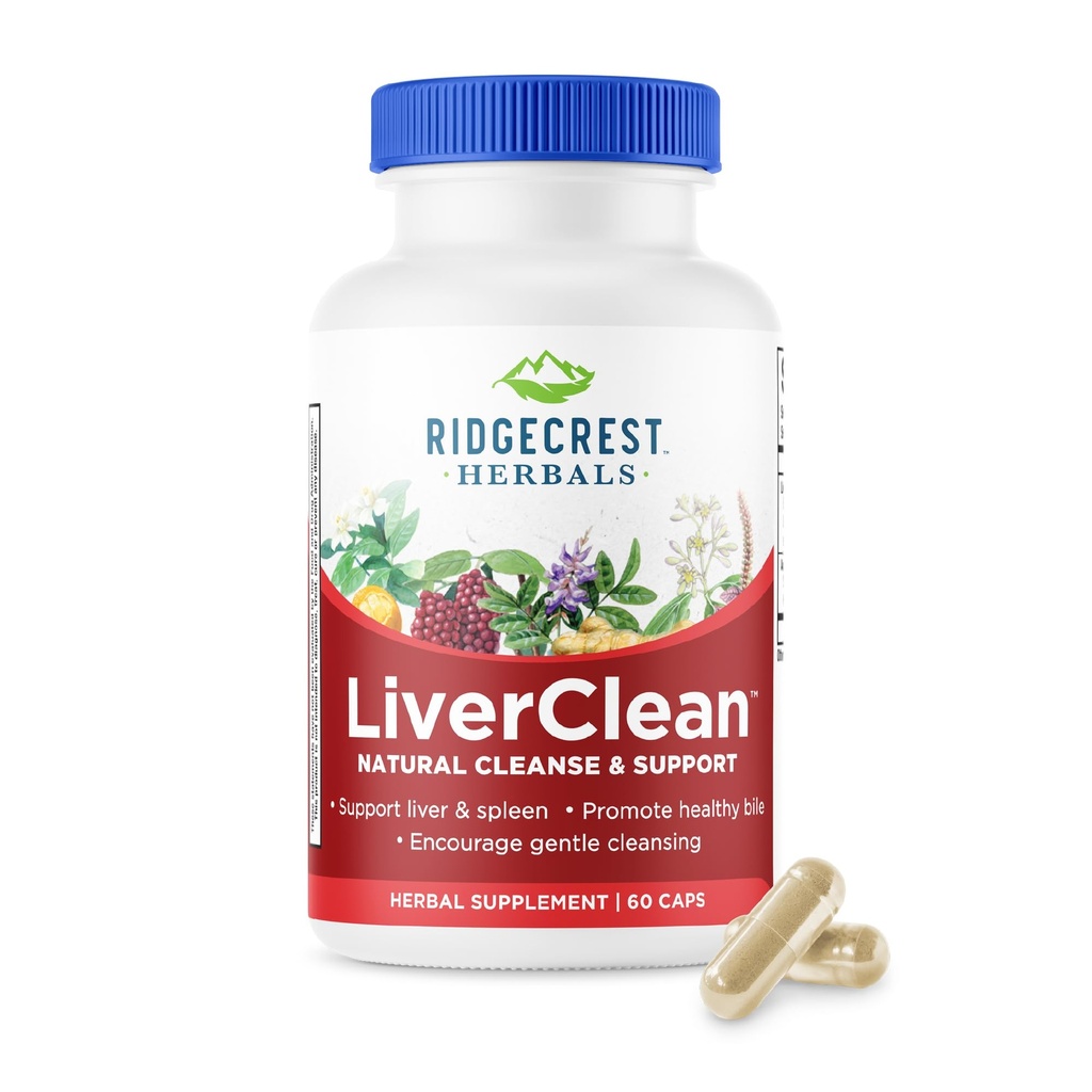 Ridgecrest Herbals FígadoLimpo, Suplemento de suporte de fígado de ervas, Cardo abençoado, Dente-de-leão, Detox, Suporte de limpeza, Bile saudável (60 Caps, 30 Serv)